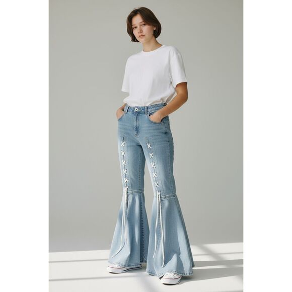 Ashley Stewart Women's Light Blue Lace Up Flare Wide Leg Denim Jeans Size 16 - Picture 1 of 9